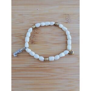 Juicy Couture White Beaded Stretch Bracelet Gold & Rhinestone Charms 7.25"